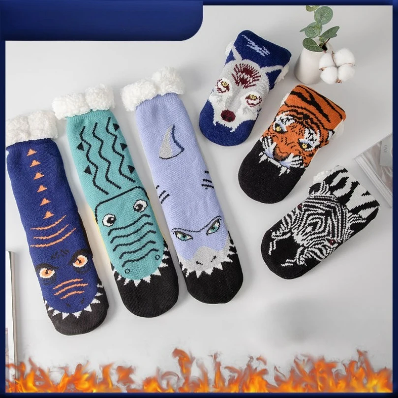 Mens Fuzzy Strip Sock Winter Warm Crocodile Short Thick Home Sleeping Thermal Soft Fluffy Floor Slipper Sock Male Christmas Gift