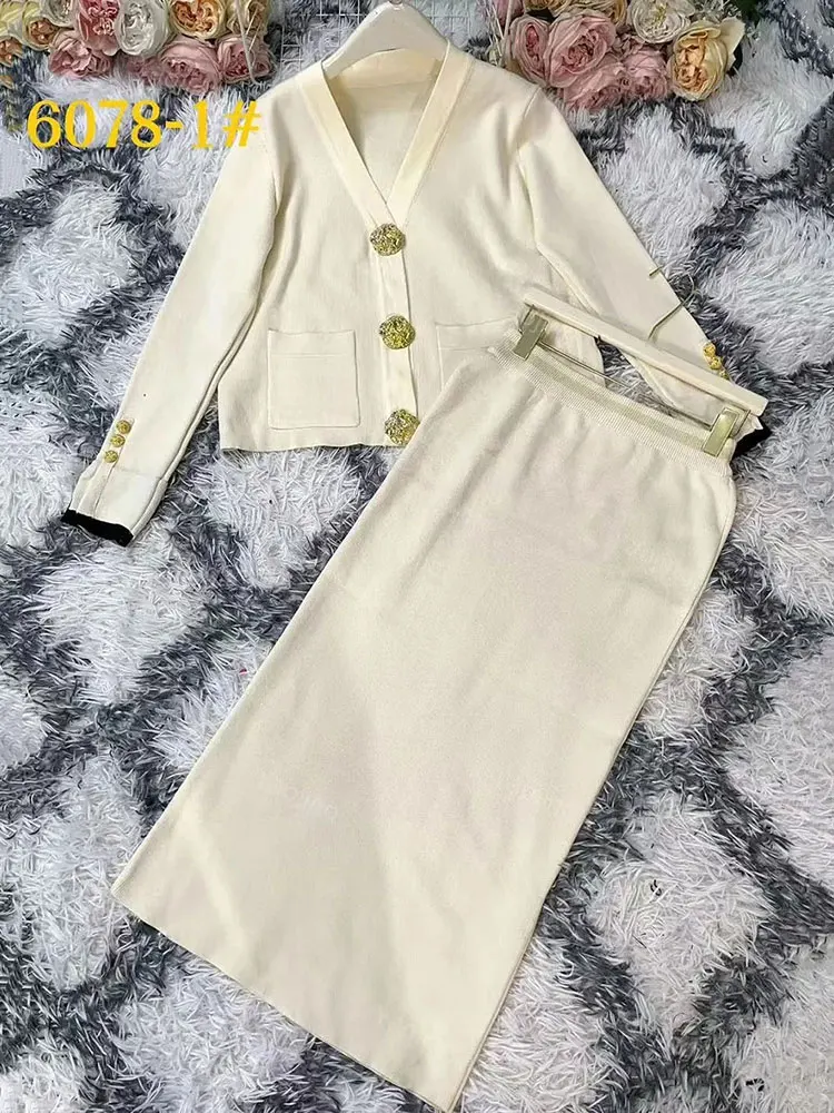 Conjunto casual de malha para mulheres, decote em v, manga comprida, cardigã de peito único, saia midi, conjunto de 2 peças