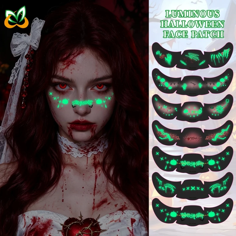 6 hojas de pegatinas faciales luminosas de Halloween que brillan en la oscuridad, impermeables, con diseños de cicatrices y heridas, tatuajes temporales realistas, calcomanías de maquillaje de terror.