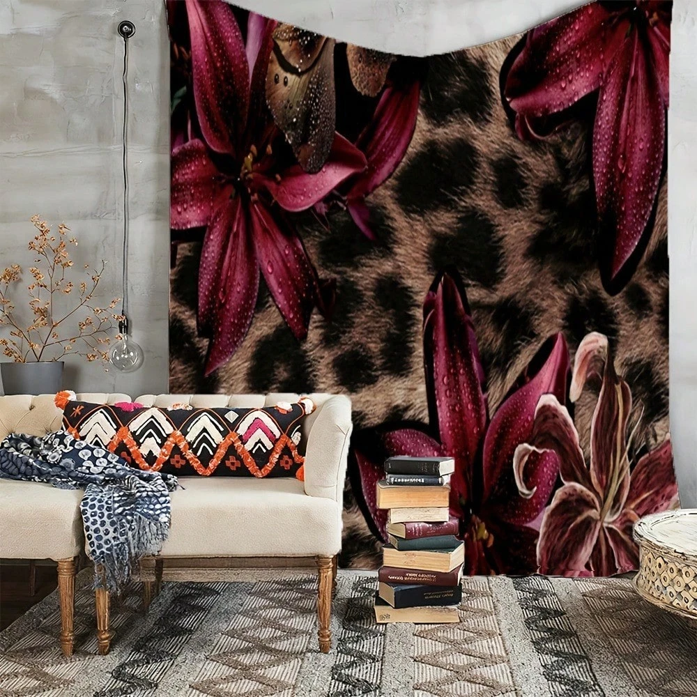 1pc Leopard Print Lily Floral Tapestry, Wild Flower Wall Hanging, Cool Room Stuff, Large Size, Polyester 2D Print, Bedroom Stuff