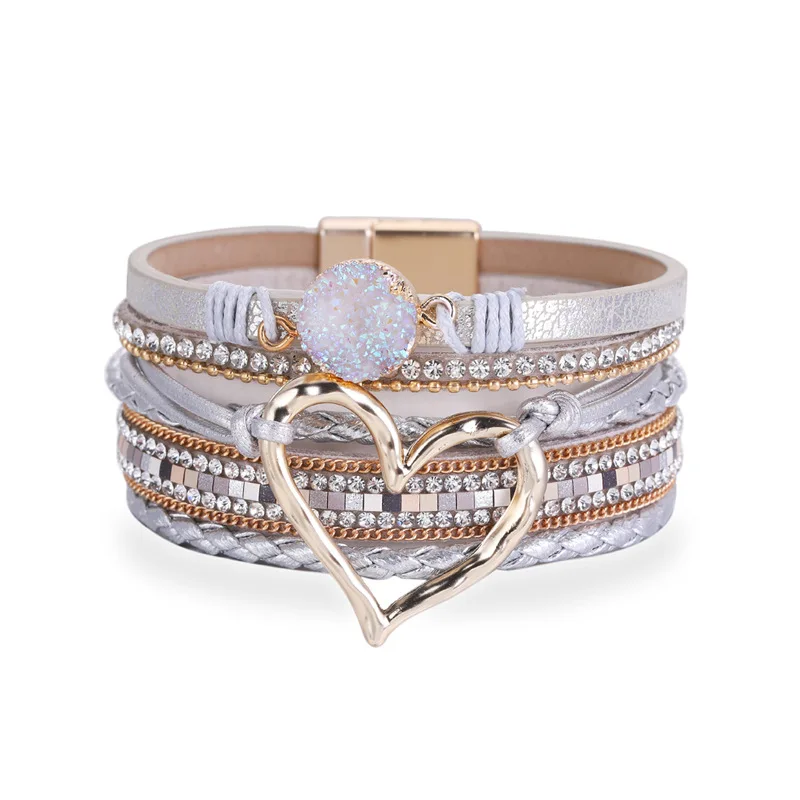 Kirykle Boho Women Jewelry Multi-layer Leather Rope Woven Inlaid Rhinestone Love Accessory Magnetic Buckle Open Girl Bracelet