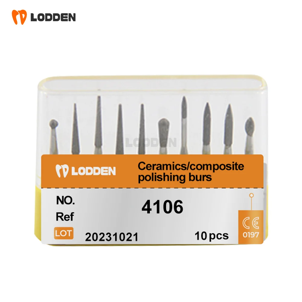 LODDEN 10pcs Dental Tools Diamond Burs Composite Ceramics Polishing KIT 4106 for 1.6mm FG Handpiece Odontologia Grinding Drills
