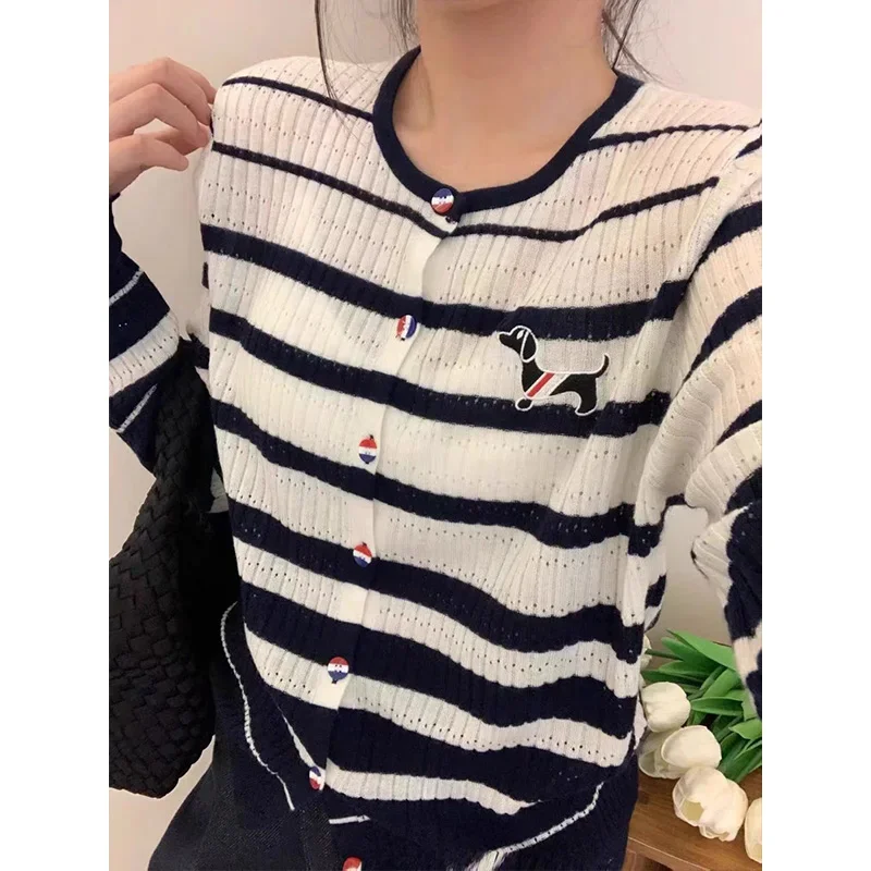 Women Clothing Striped Fashion Y2k Sweaters Cartoon Embroidery Vintage Knitted Cardigan Autumn Winter Elasticity Knitwear