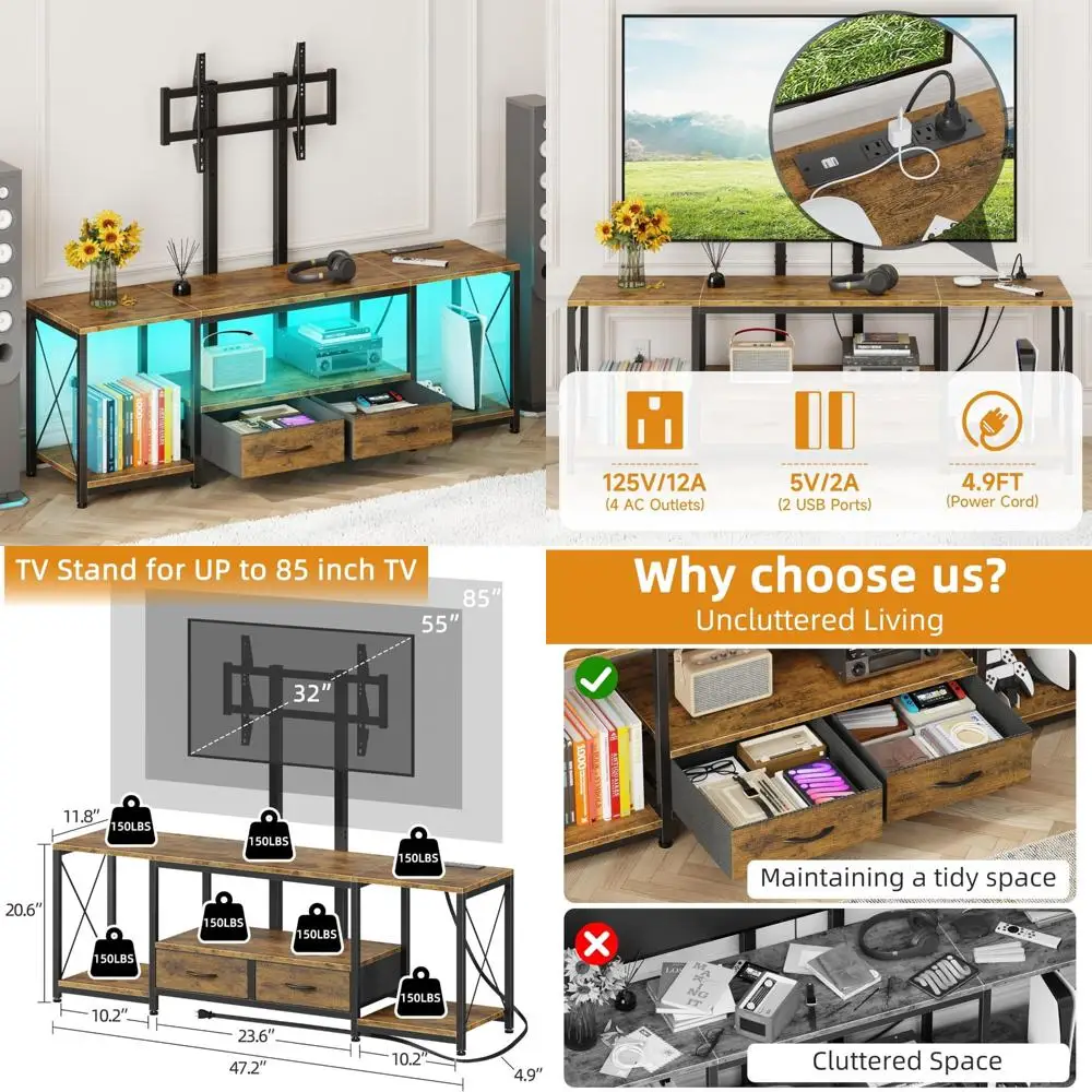 Universal TV Stand with Mount, Power Outlet, and Fabric Drawers for 32-85 TVs - Corner Entertainment Center for Living Room