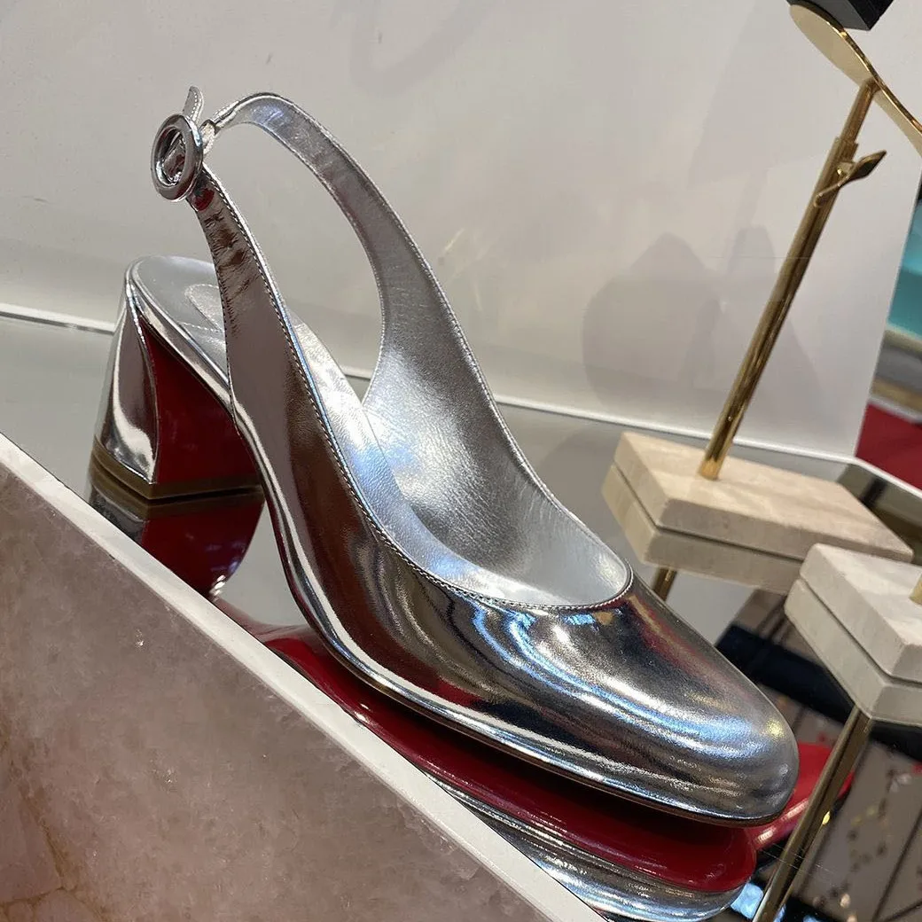 

Red-Soled Open-Back High Heels Spring/Summer New Style Black Silver Leather Sandals Female Round Toe Chunky Heel Women's Shoes