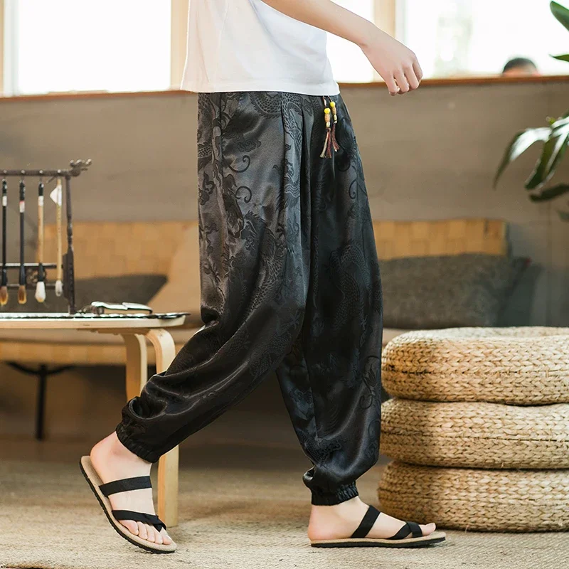 Hipster Ice Silk Satin Men's Pants Dragon Pattern Chinese Loose Trousers Smooth Satin Pants Taiji Comfortable Beach Pants