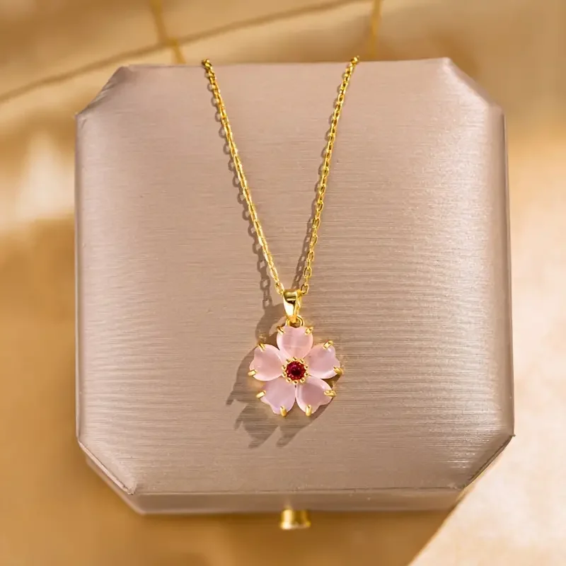 1 Piece Cute Transparent Pink Five-petal Flower Cherry Blossom Pendant Necklace for Women, Romantic Plant Jewelry Gift