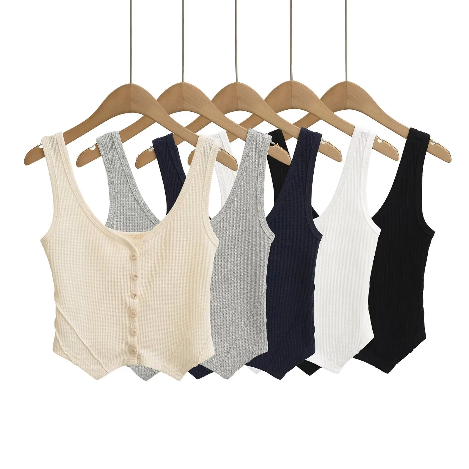 5 colors 2025 Summer Deep V neck Open Buttons Slim fit Tight Tank Top Comfortable Vest Waffle Plaid Sleeveless Tee