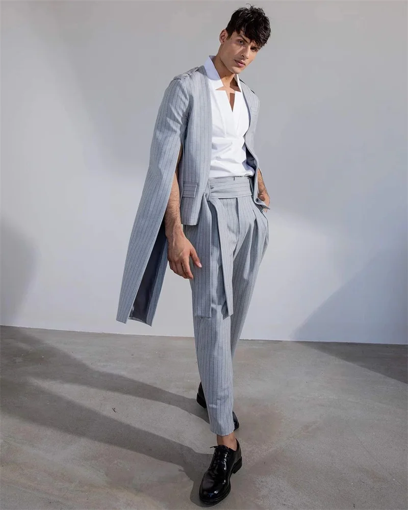 Pinstripe Grey Men Suit Set 2 Piece Blazer+Pants Trousers Split Sleeve Customized Formal Office Jacket Wedding Tuxedos Prom Coat