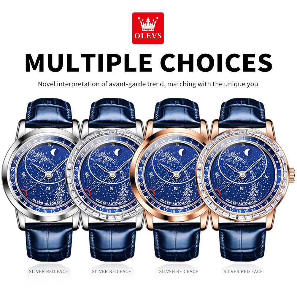 OLEVS 9923 Mens Watch Moon Phase Automatic Mechanical Watch Leather Luxury Waterproof Luminous Watch For Men Original Mens Gifts