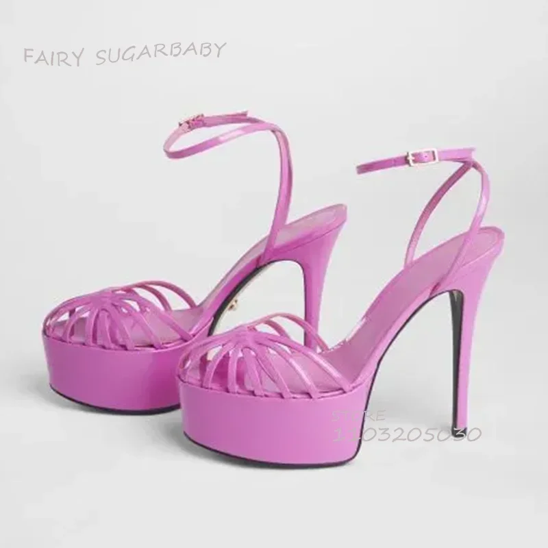 

Mirror Shiny Pink Platform Mesh Hollow Heels Woman Shell Cover Stiletto Gold Sandals Spring Dress Fuchsia Leather Buckle Shoes