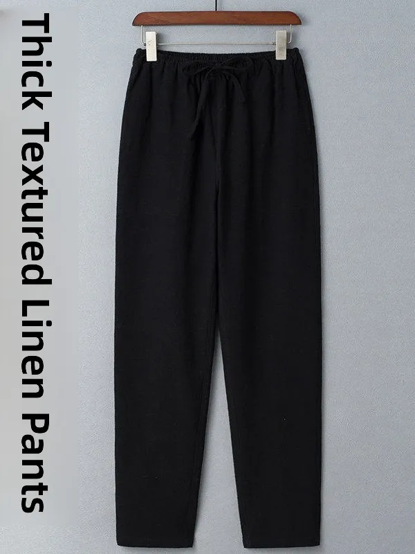 Men's Linen Casual Pants High Waist Loose Fit Breathable Thickened Texture Straight Cut Spring Season  Color Trousers