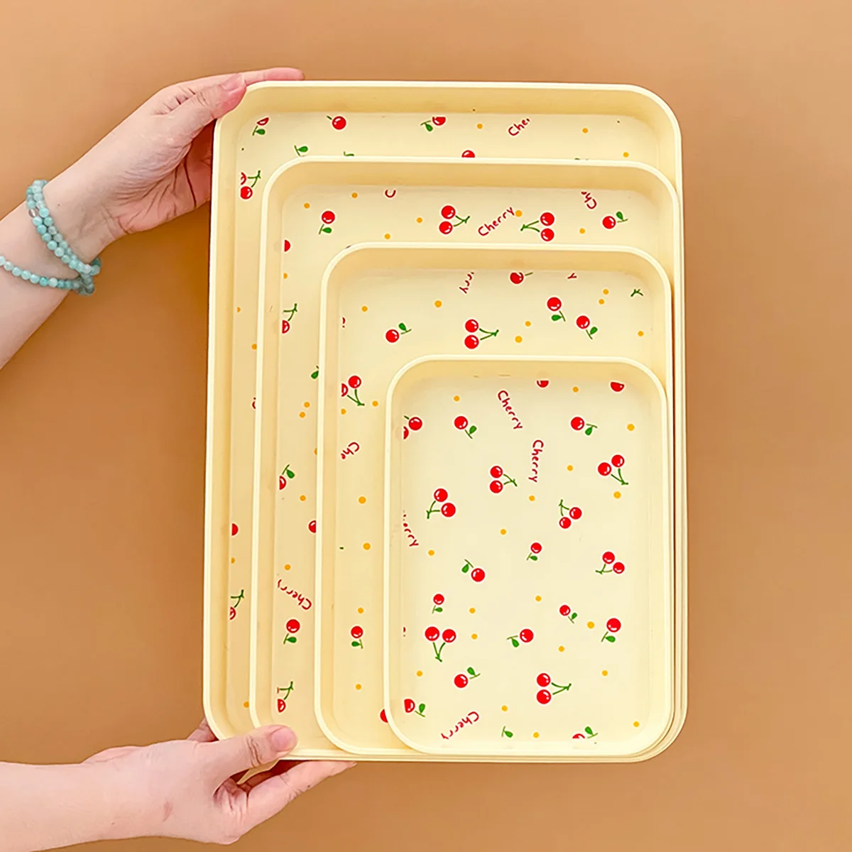 WORTHBUY Bandeja de almacenamiento de plástico de gran capacidad apilable con diseño de cereza, bandeja para servir alimentos y postres de frutas, bandeja de té para Cocina