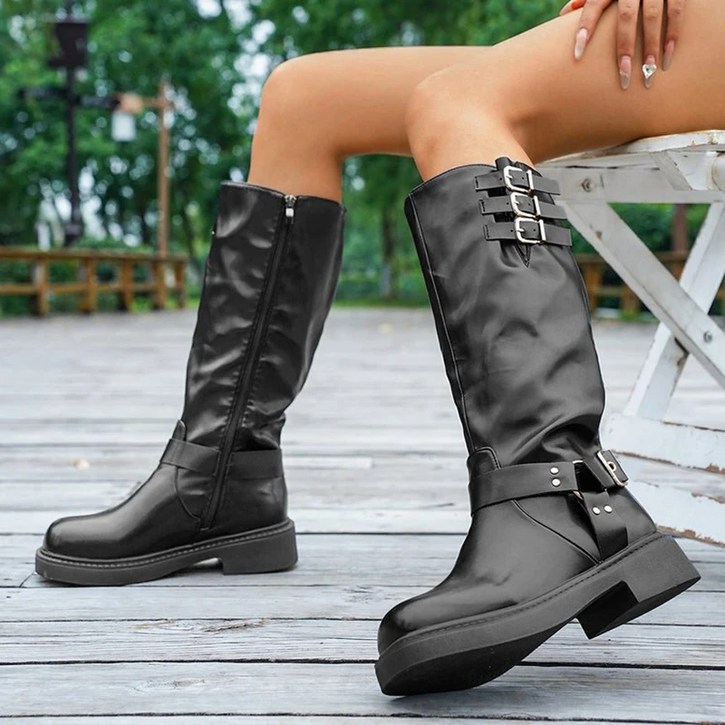 Obrázek 4: Retro hnědá západní kovboj boty pro ženy 2025 podzim zima PU kůže koleno vysoký botas mujer zip spona platforma jezdec boty