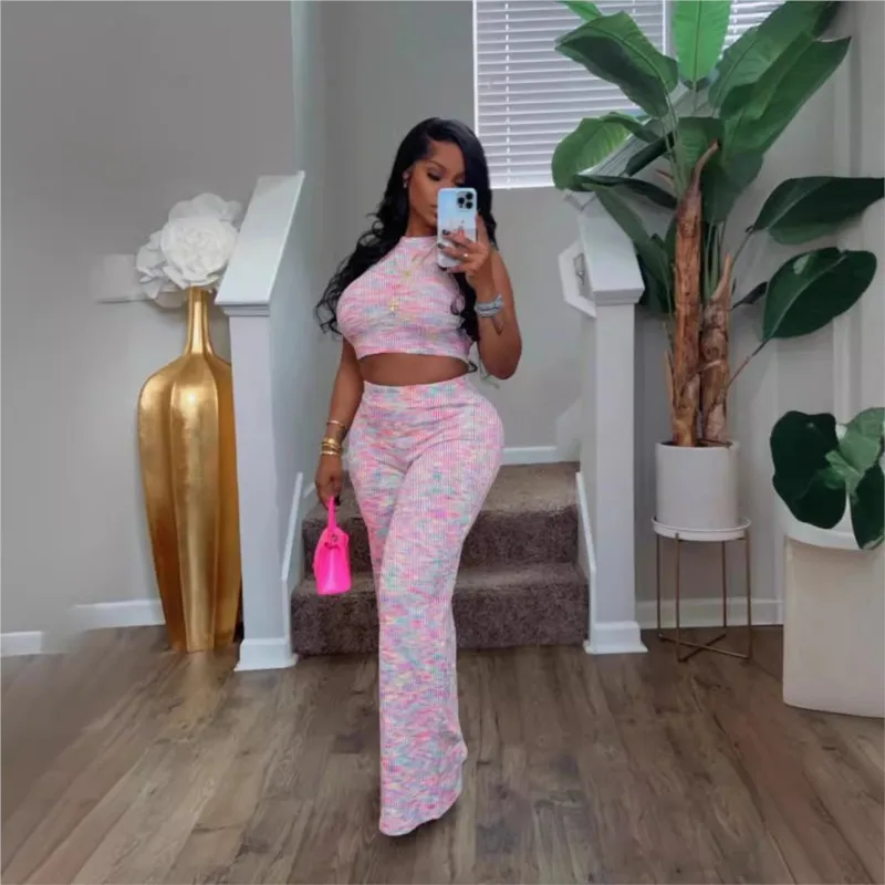 

Casual Street Pants Set for Women Summer Fashion Printed Tank Short Top + Pants Slim Two Piece Suit Ladies Comfortable Outfit