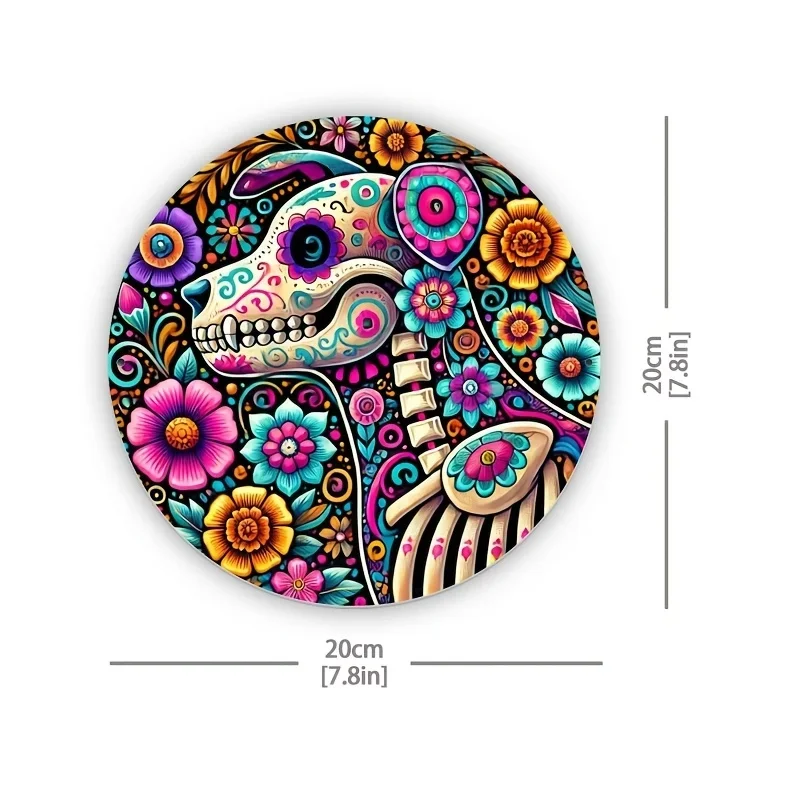 علامة دائرية خشبية ملونة ليوم الموتى الهيكل العظمي - تصميم زهور نابضة بالحياة، مثالية لتزيين المنزل والبار