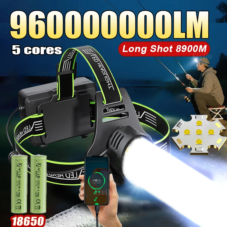 960000000LM Strong Light LED Headlight Powerful 18650 Rechargeable Headlamp 8900M Long Range Fishing Hunting Head Lantern