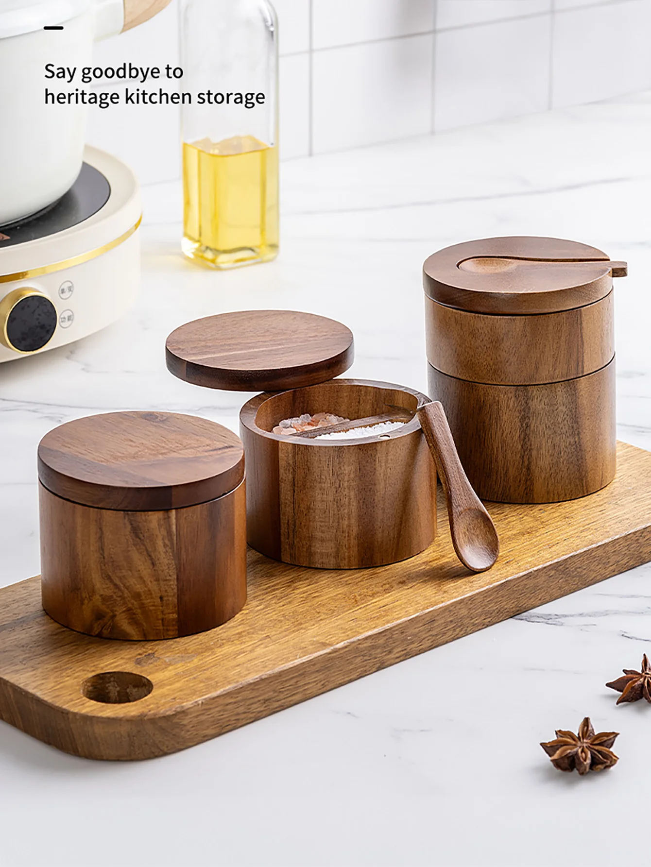 

Солевой погреб из дерева акации с поворотной крышкой, держатель для специй для настольных сольных трав или любимых приправ