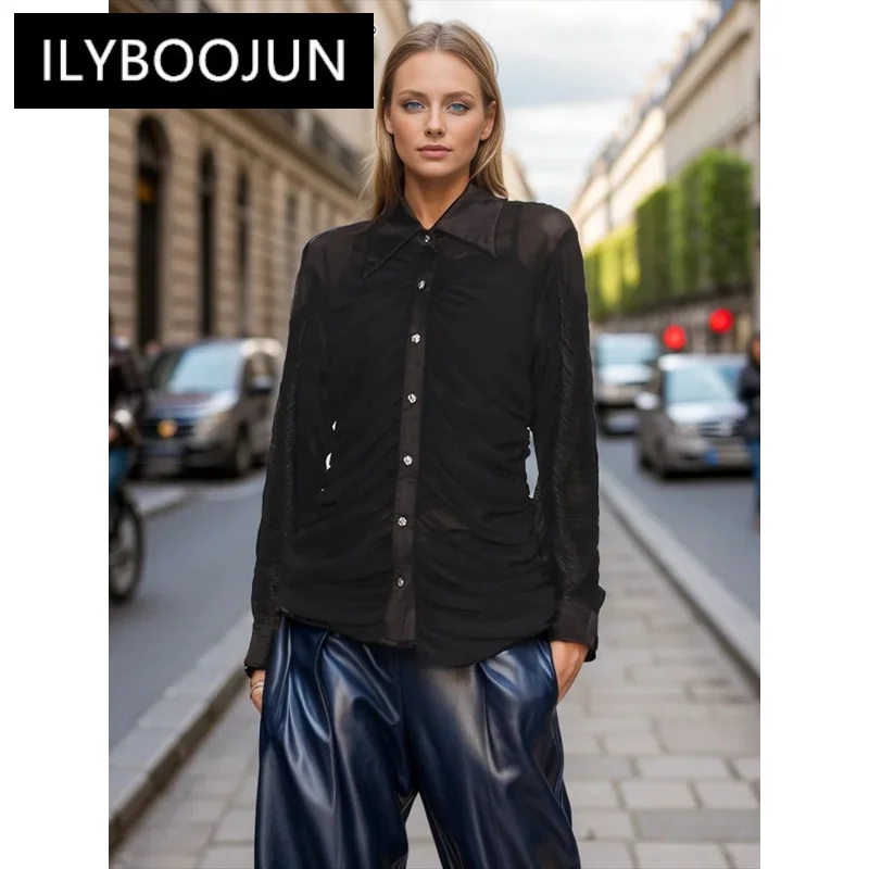 

ILYBOOJUN Solid Slimming Folds Shirts For Women Lapel Long Sleeve Spliced Single Breasted Elegant Blouse Female Fashion Style