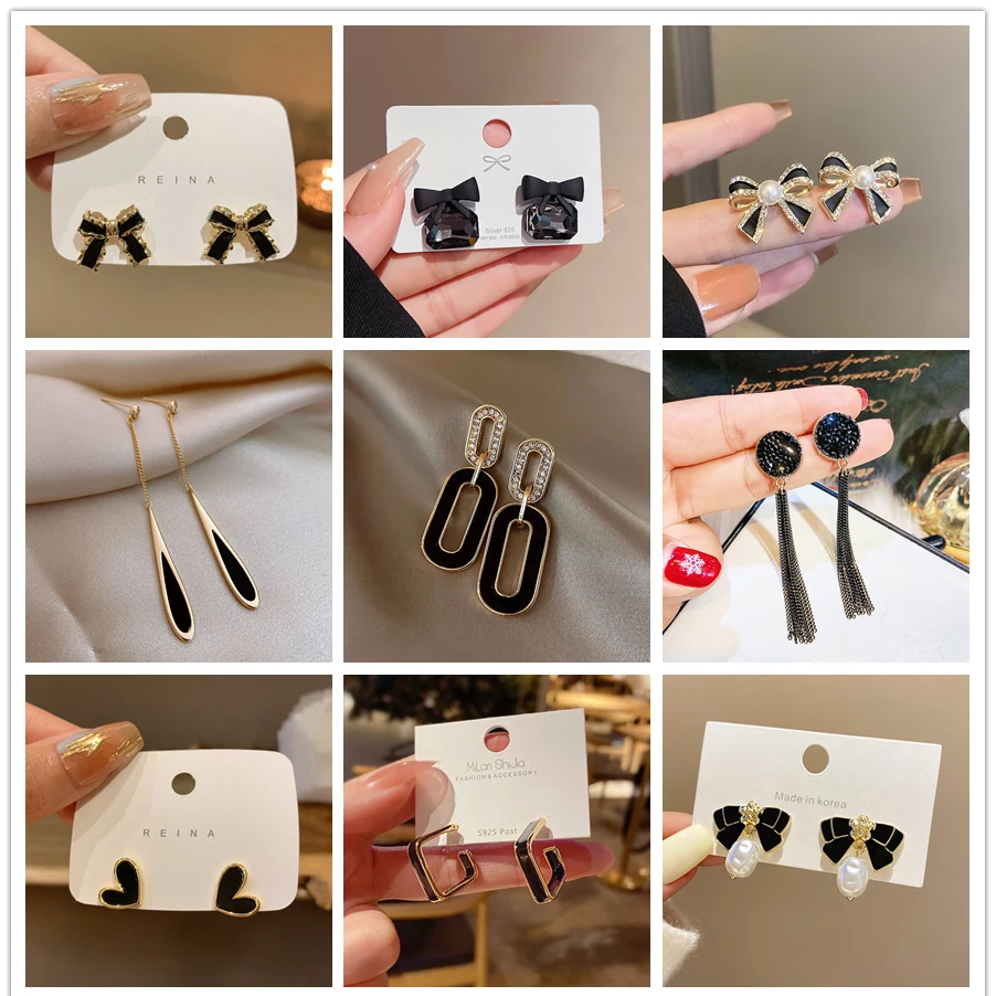 New Black Color Tassel Pendant Earrings for Women Geometric Triangle Round Enamel Bowknot Flower Heart Brincos Party Jewelry