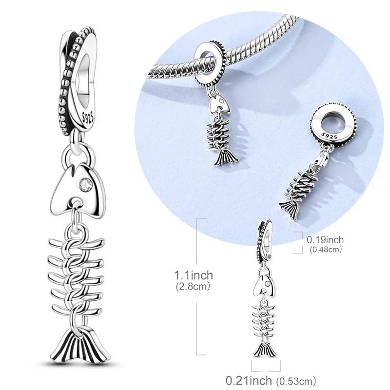 Original 925 Sterling Silver Bead Charm Fishbone Pendant Fit Original Bracelet Necklace For Men Women DIY Neutral Jewelry Gift