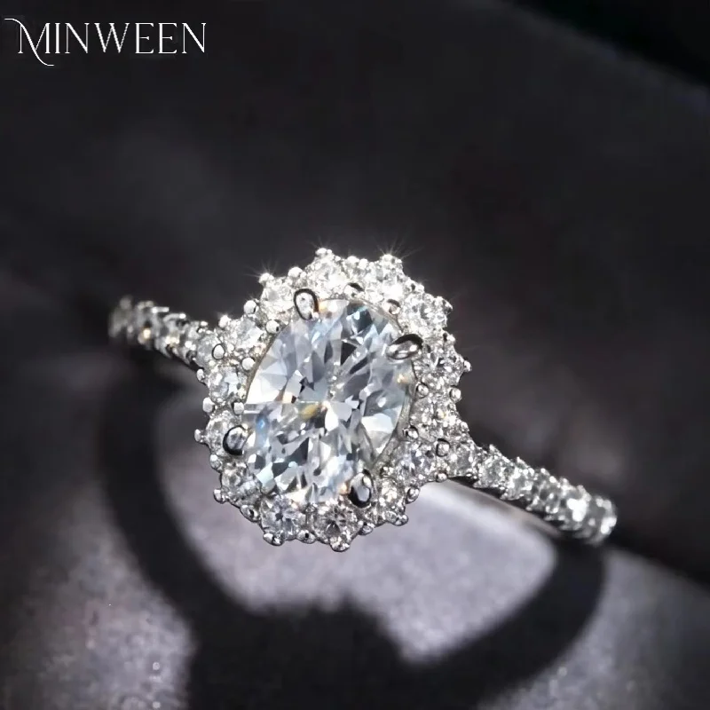MINWEEN Elegant 925 Sterling Silver Ring 1 Ct D Color High Carbon Diamond Light Luxury Women's Jewelry Wedding Party Gift