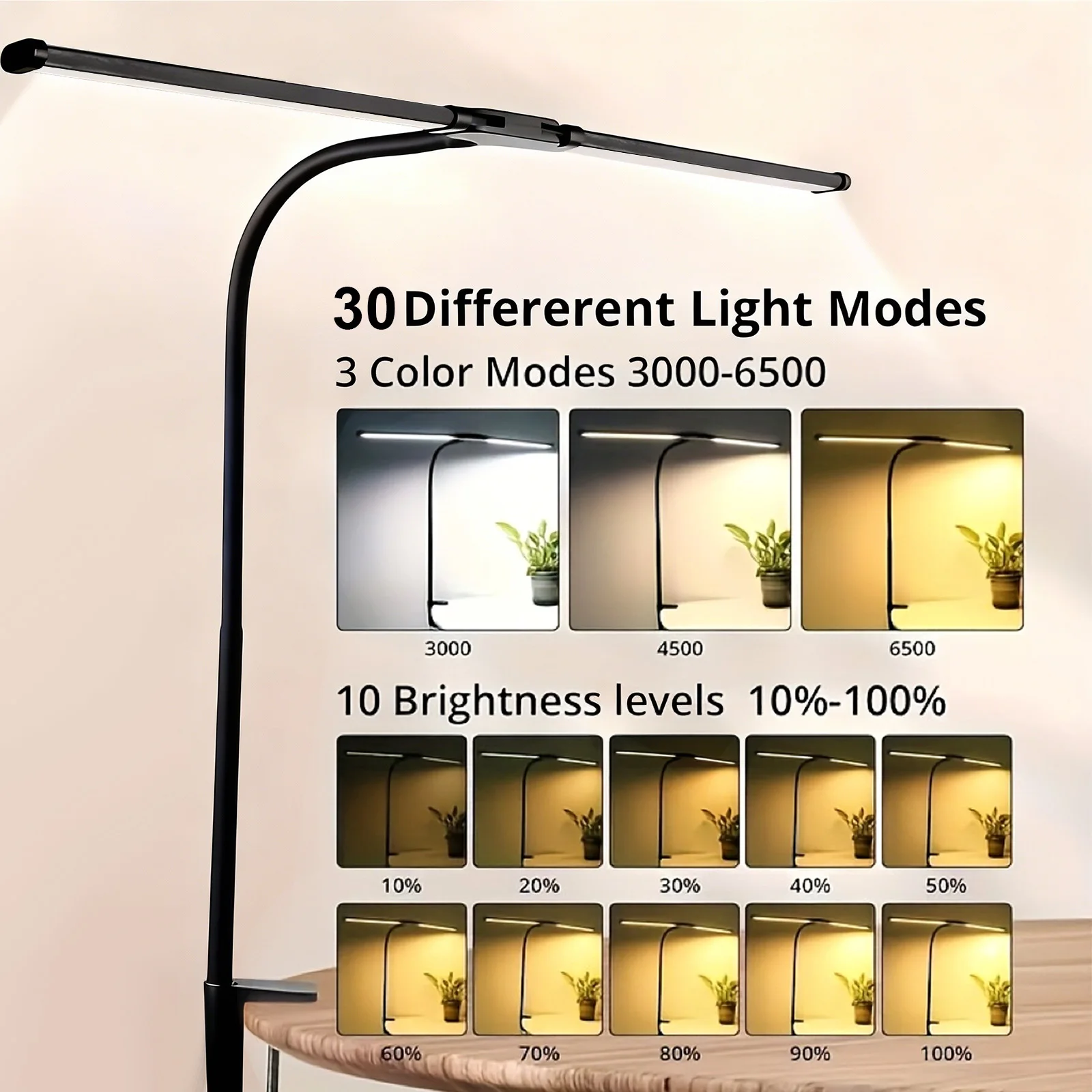 Double Head Clip-on LED Desk Lamp for Home Office with 3 Color Modes 10 Brightness Reading Light for Study Drafting Workbench