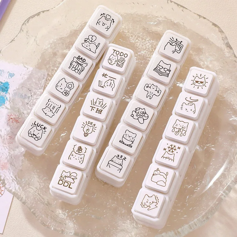 Cute Cat Emoji Stamp Daily Life Work Good Mood Series Cartoon Mini Pattern Stamps for Journaling Planner Diy Scrapbooking Decor