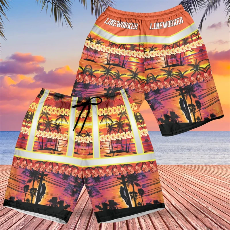 Elektricien Grafische Korte Broek Voor Herenkleding Mode Powerline Werknemer Strandshort Hawaiiaanse Hawaiiaanse Zwembroek Casual Broek