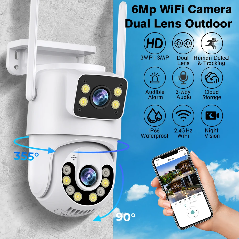 Dubbele Lens Beveiligingscamera Hd 6mp Wifi Buitenbeveiliging Bewakingscamera Ptz Ip Ai Menselijk Detecteren Cctv Camera 4x Digitale Zoom