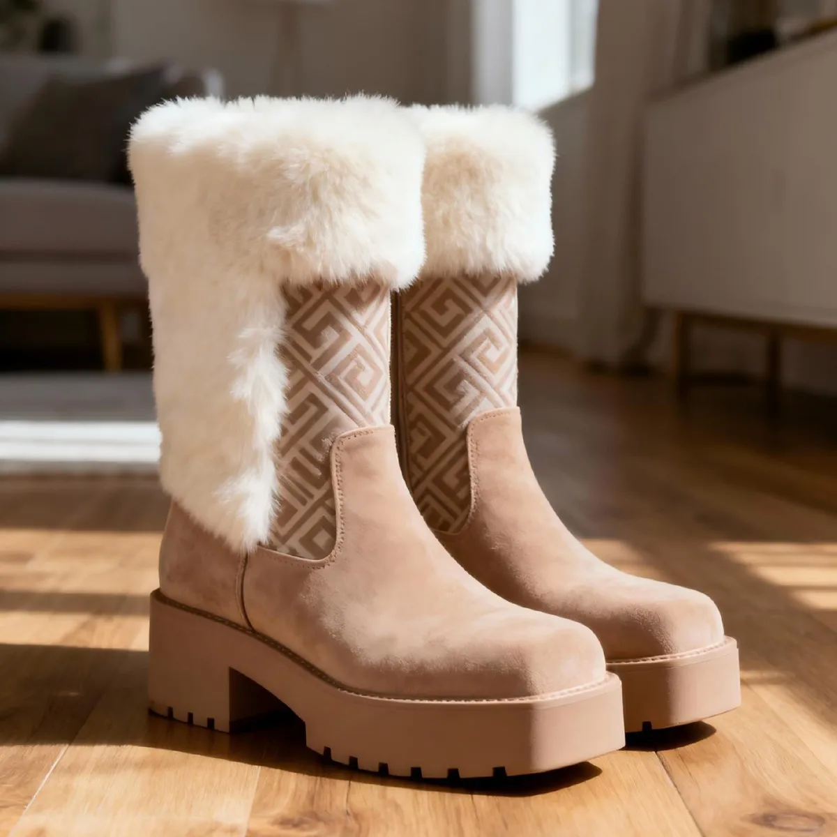 أحذية نسائية من جلد الغزال ذات نعل سميك من الفرو الصناعي ونعل مكتنز بنمط هندسي لشتاء كاجوال مريح يبدو يوميًا أو خارجيًا #3