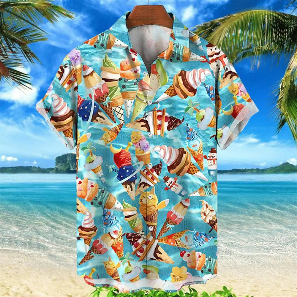 

Hawaiian Shirt Ice Cream Printed Shirts For Men Spanish Short Sleeved Top Summer Streetwear Trendy Beach Party Social Clothing