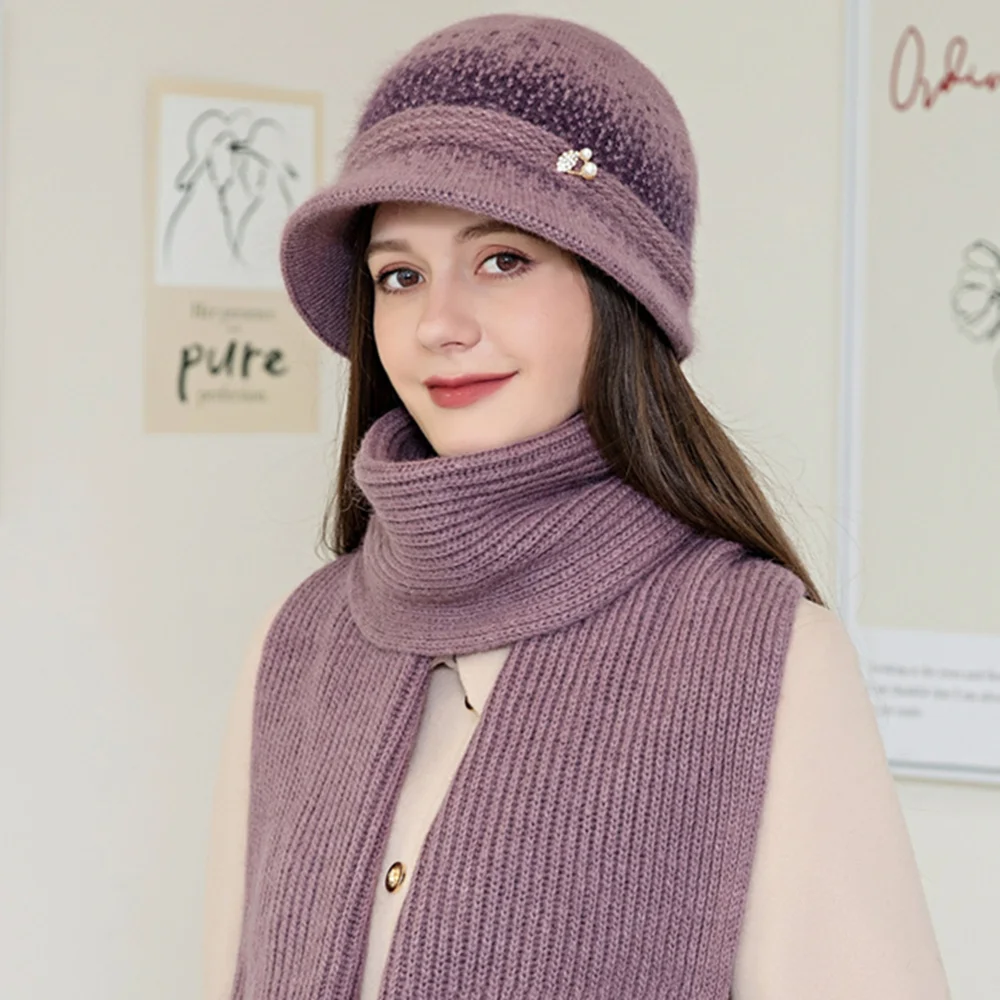 

New Women Winter Hat Decor Thermal Lined Beanie Cap & Collar Suit Thick Hats For Female Casual Rabbit Hair Blend Knitted Hat