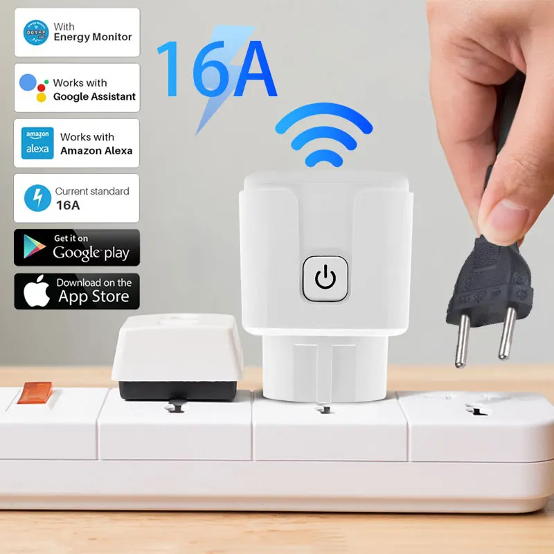 Enchufe inteligente con Wifi para el hogar, dispositivo con función de sincronización, monitoreo de potencia, funciona con Alexa y Google Home, 16A, UE, Tuya