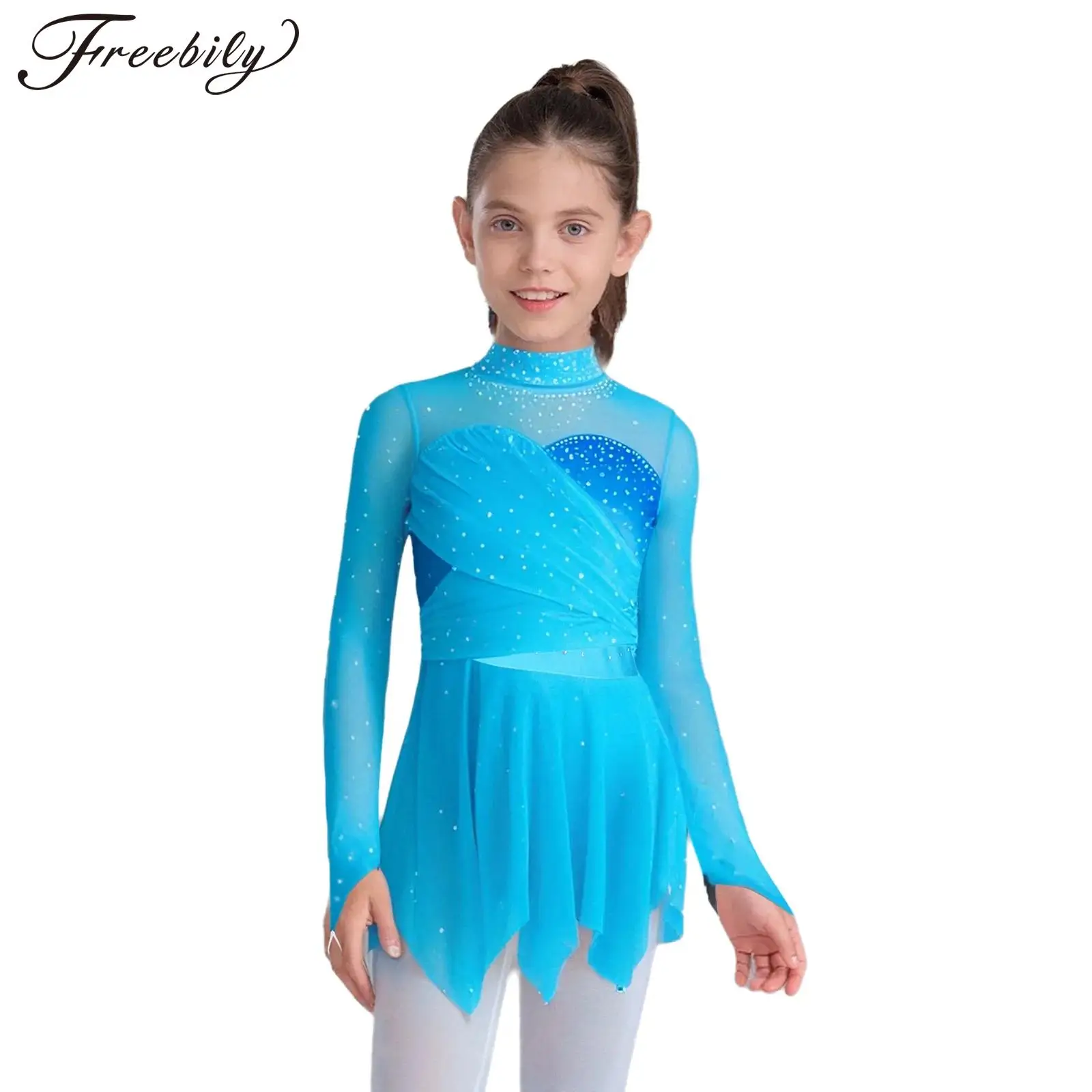 

Детское платье для фигурного катания для девочек, лирический танцевальный костюм, блестящее сетчатое платье со стразами для выступлений на соревнований