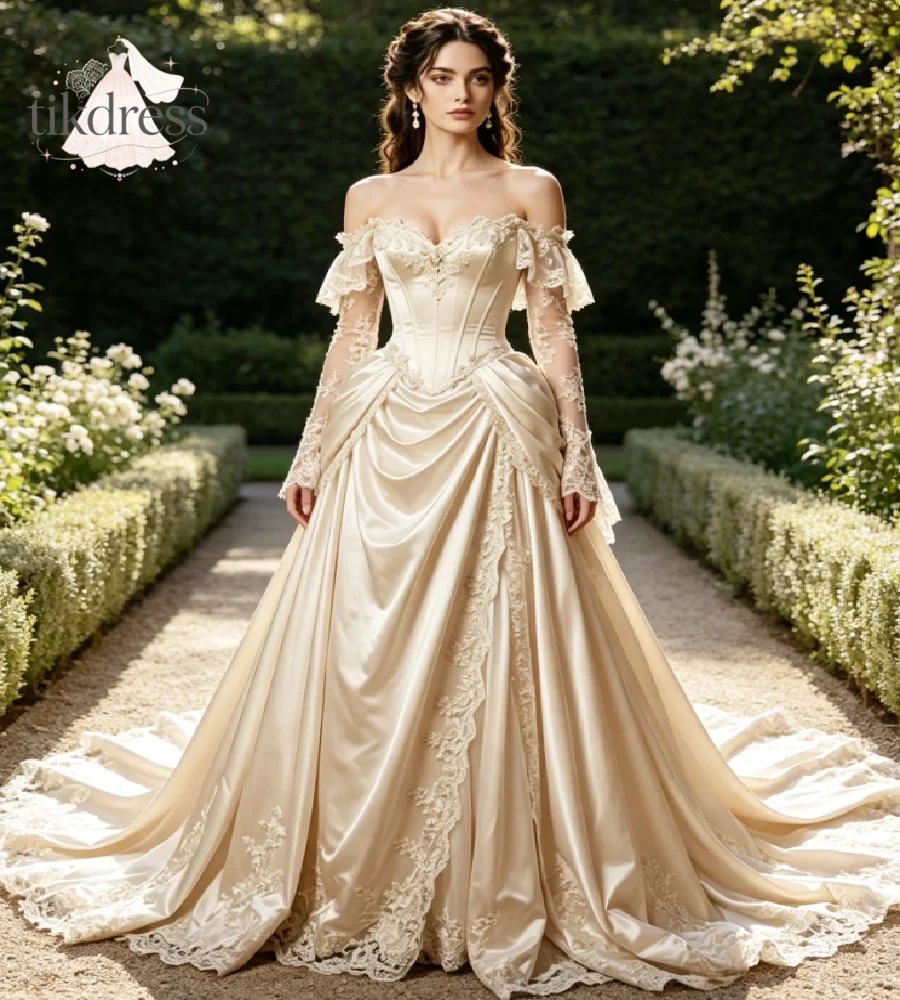 Vintage Light Champagne Victorian Wedding Gowns 2027  Off Shoulder Satin Lace Appliqué Chapel Train Medieval Bridal Gown Custom