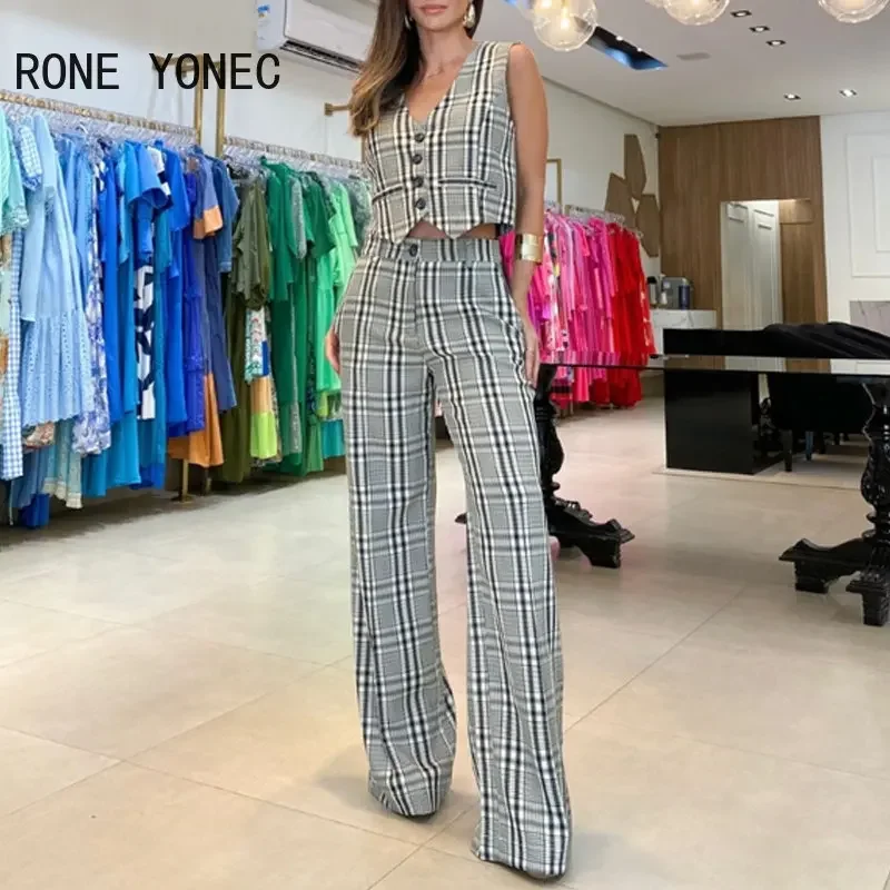 2023 Women Plaid Pattern Sleeveless Vest Button Lace Up Fake Pocket Working Blazer Vest & Pants Women Set