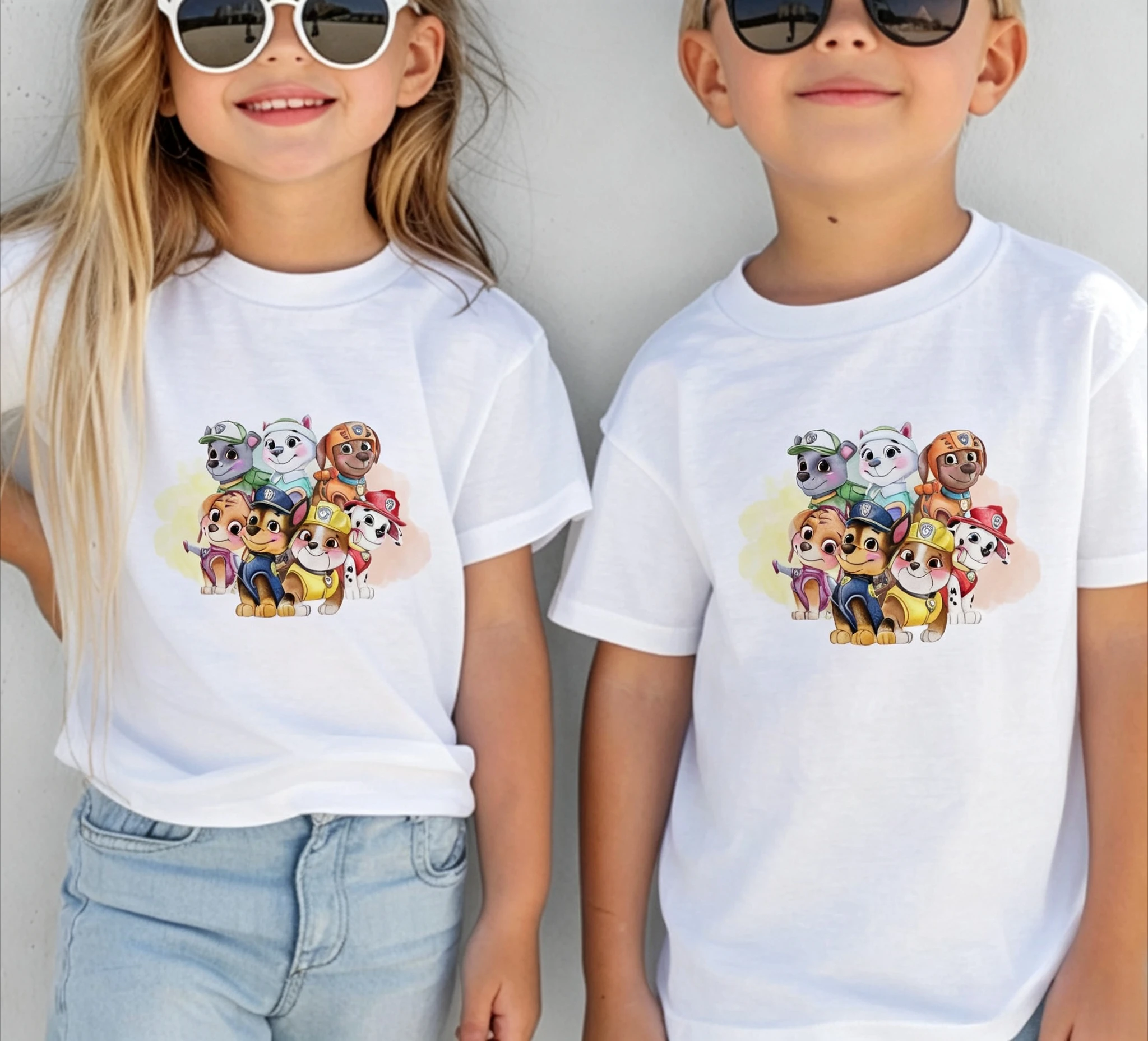 Paw Patrol Watercolor Puppy Team T‑Shirt Cartoon Dog Group Print Short Sleeve  Casual Cotton Tops for Boys Girls