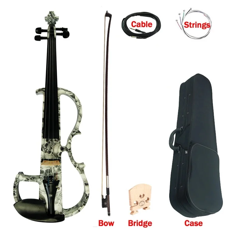 Art Violin Full Size Skull Painted Solid Wood Silent Ebony Fittings Parts DSG-1312 Electric Violin