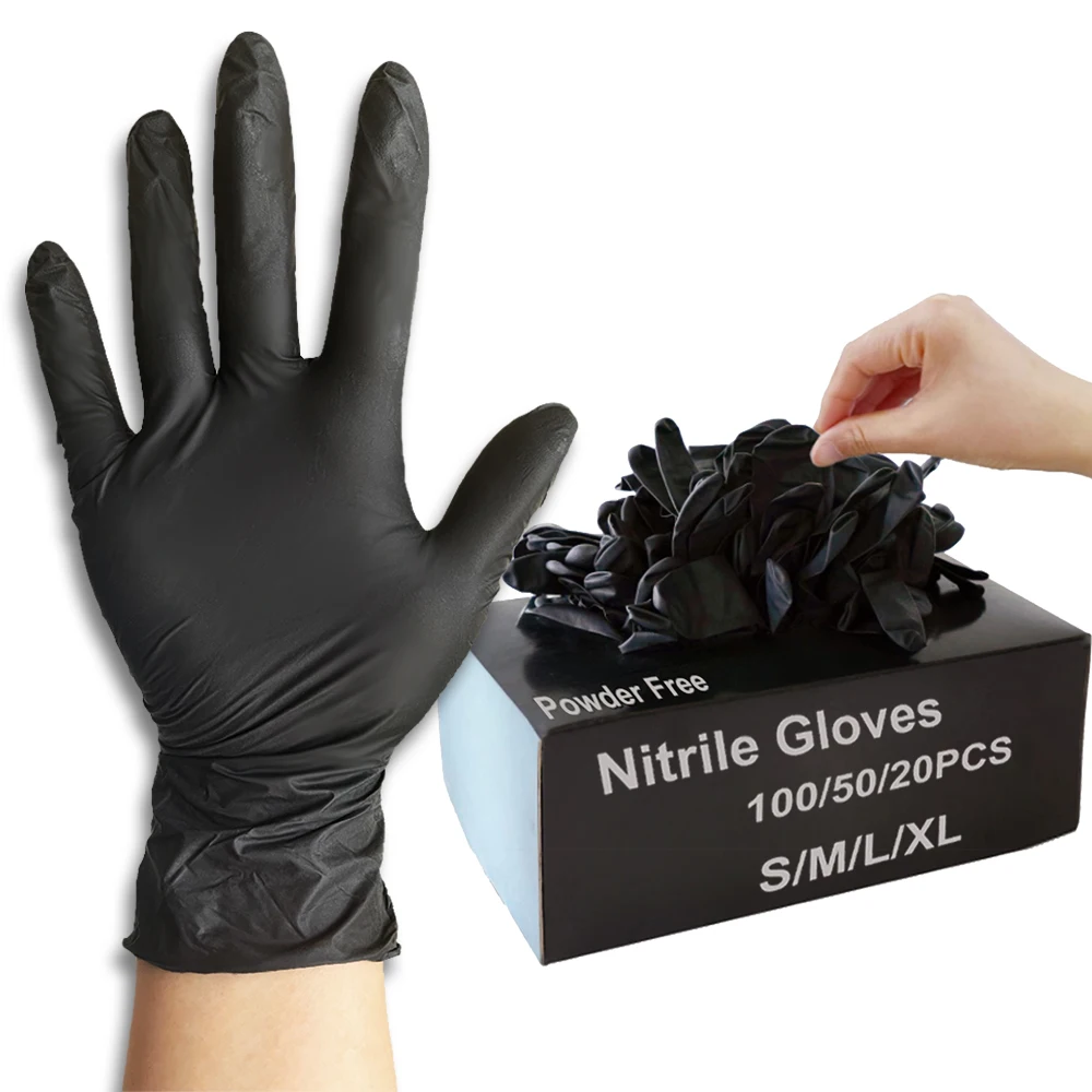 100/50/20PCS Guanti in nitrile nero Guanti in nitrile nero addensato per la pulizia del parrucchiere Guanti da tatuaggio impermeabili per piatti