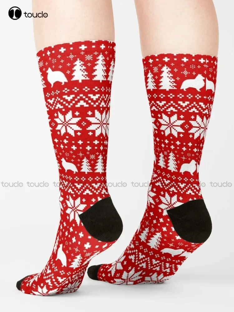 Shetland Sheepdog Silhouettes Red And White Christmas Holiday Pattern Socks Athletic Socks Men Christmas Gift Custom Women Men