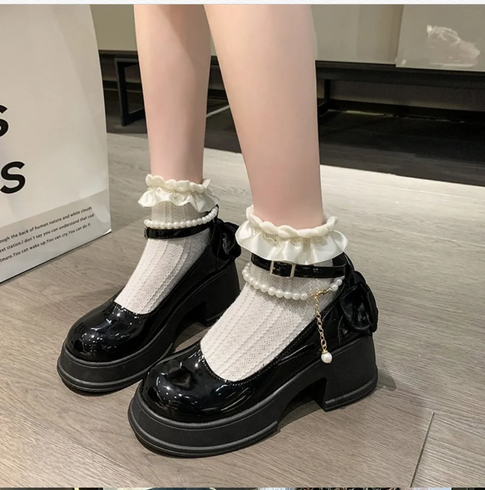 2025 French Pearl One-Character Buckle Women\'s High Heels Thick Bottom Preppy Style Mary Dress Sandals Summer Banquet Shoe