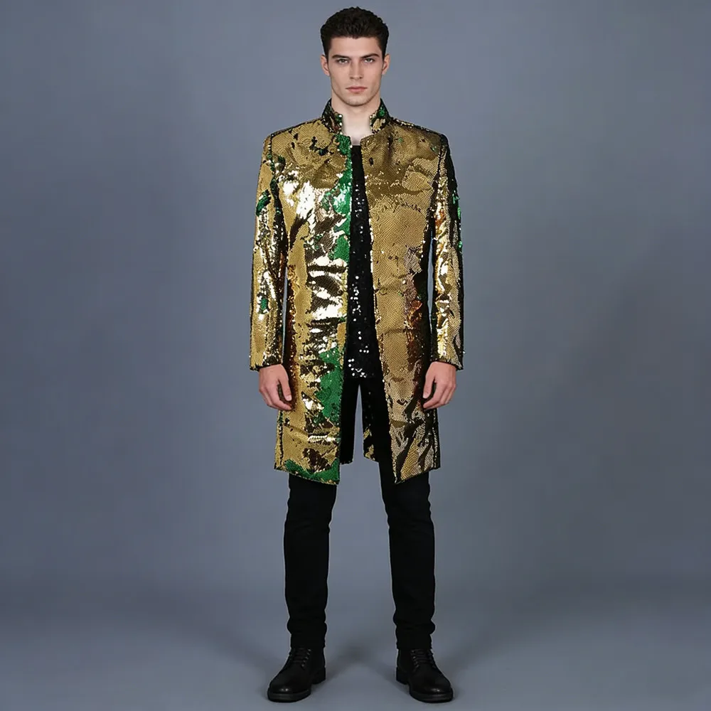 

Men's Sequins Casual Blazer Stand Collar Slim Long Coat Groom Wedding Party Suit Jacket Male Singer Bar Concert Overcoat Costume