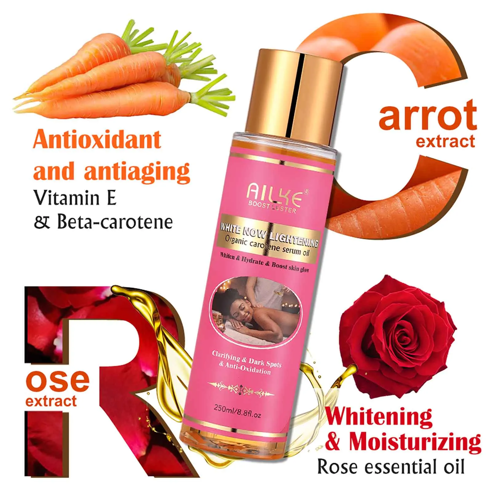 AILKE Organic Caroiene Serum Body Oil, Clarifying, Spot Removal, Anti Oxidant, Deeply Moisturizing Massage Oil, for Face & Body