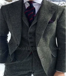 3 Piece Gray Herringbone Winter Suit for Men Wool Tweed Slim Fit Formal Groom Wedding Tuxedo Sets Business Wedding Male Suits