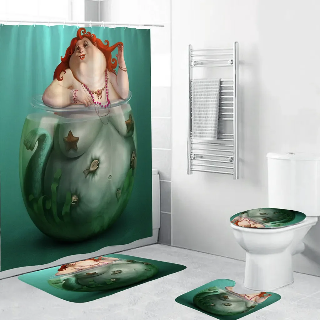 4 Pcs Beach Starfish Shower Curtain Set Waterproof Fabric Bath Curtain Seashell Non-Slip Bath Mat Toilet Lid Cover Decor
