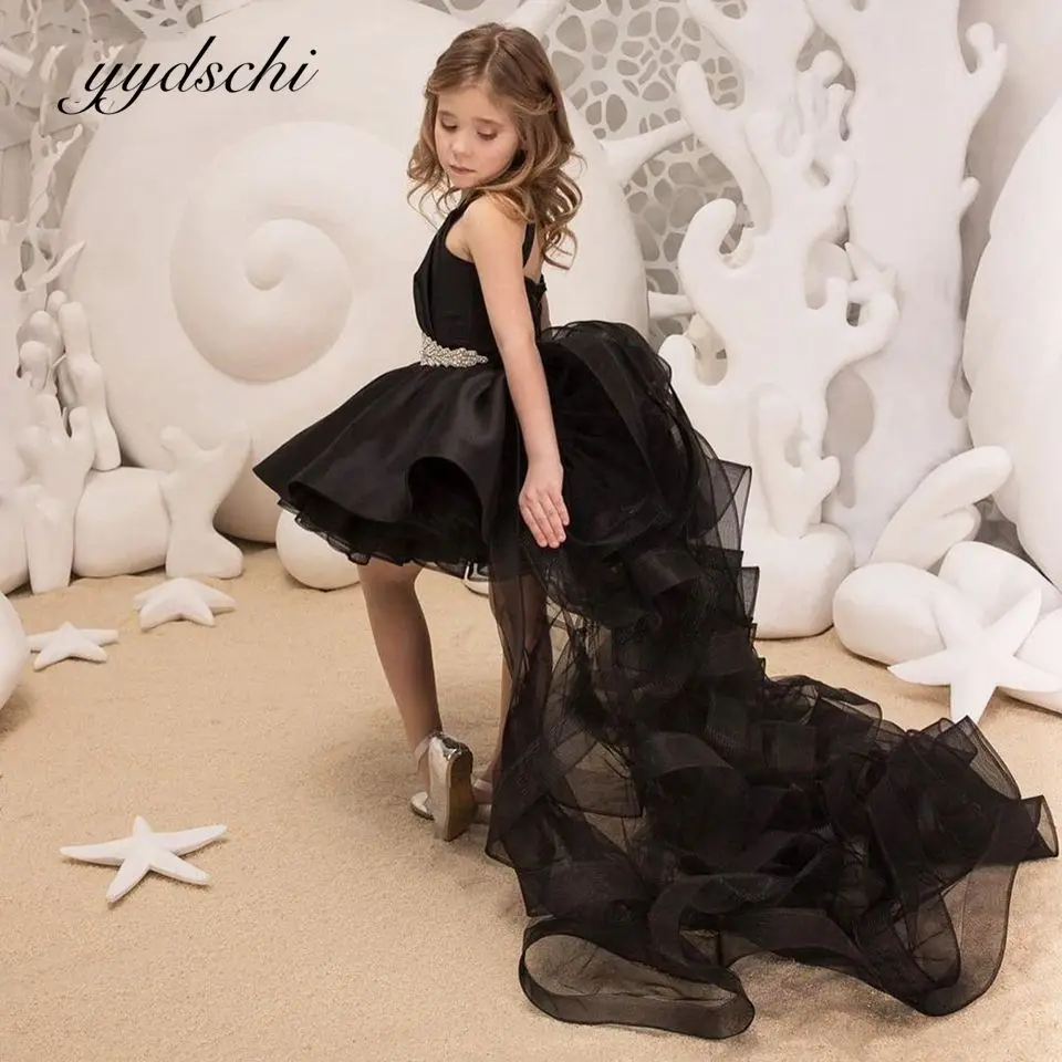 

2022 Elegant Black Flower Girl Dresses Spaghetti Straps V-Neck Party Gown Birthday Pageant First Communion Dress For Kids