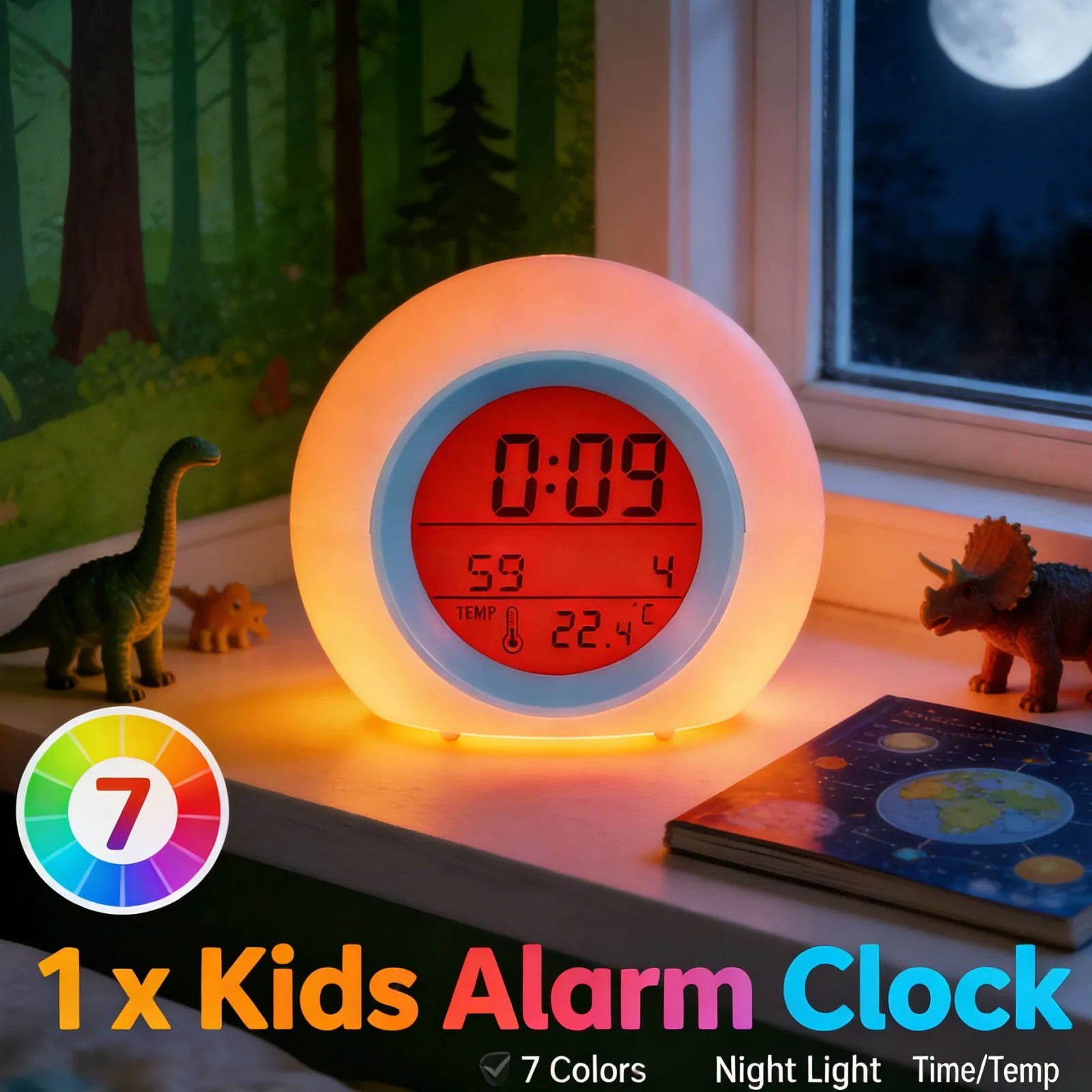 Kids Alarm Clock LED Digital Clock 7 Color Changing Night Light with Indoor Temperature 12/24H Battery Powered for Bedroom