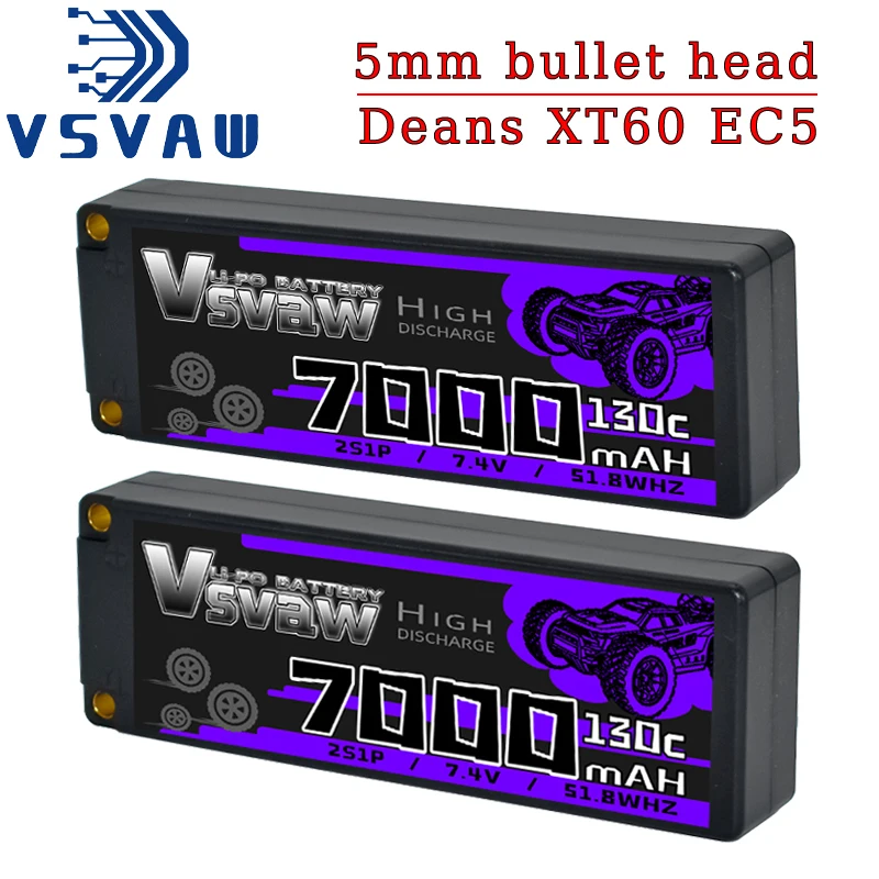 

Аккумулятор LiPo VSVAW 2S 7000 мАч 7.4В 130C повышенной емкости в жестком корпусе с разъемом XT60 5 мм для радиоуправляемых моделей автомобилей 1:10 и мультироторных самолетов