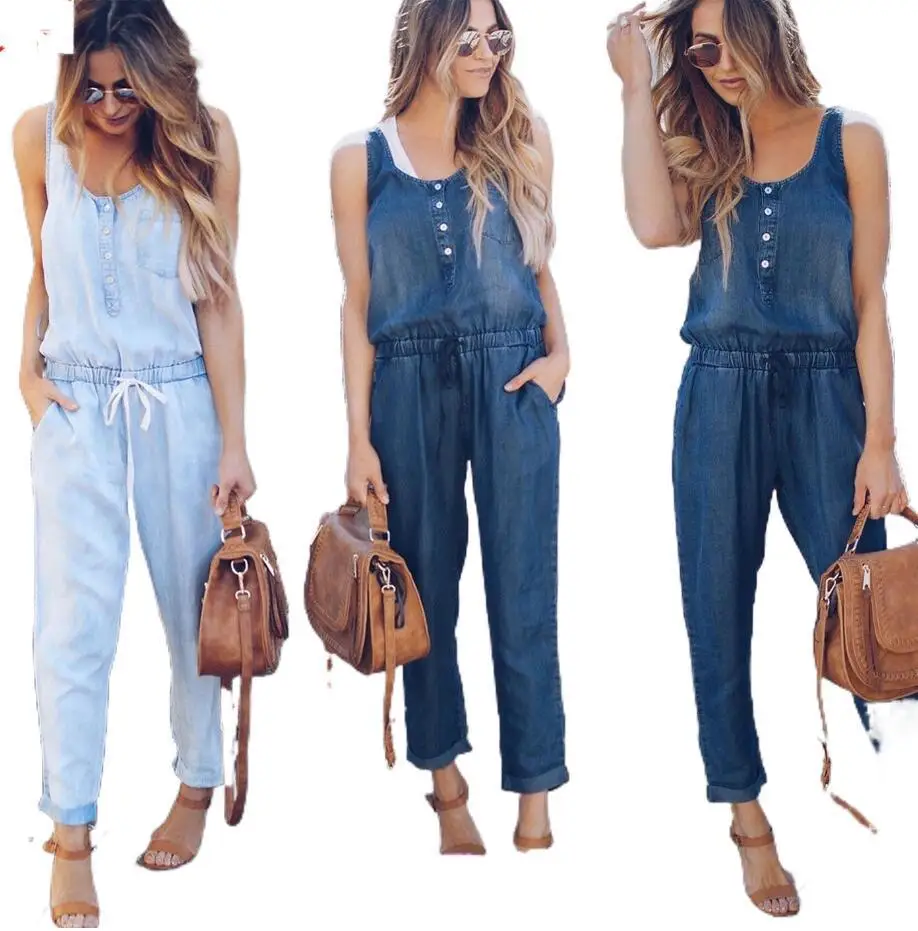 Overall celana jins Vintage wanita, jumpsuit Denim panjang pergelangan kaki, bisa dicuci, 2024 Solid, celana lurus bersaku, kasual longgar